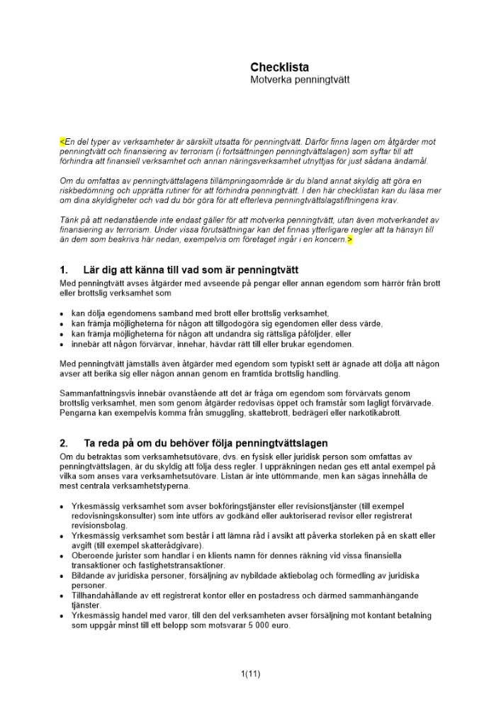 Checklista motverka penningtvätt