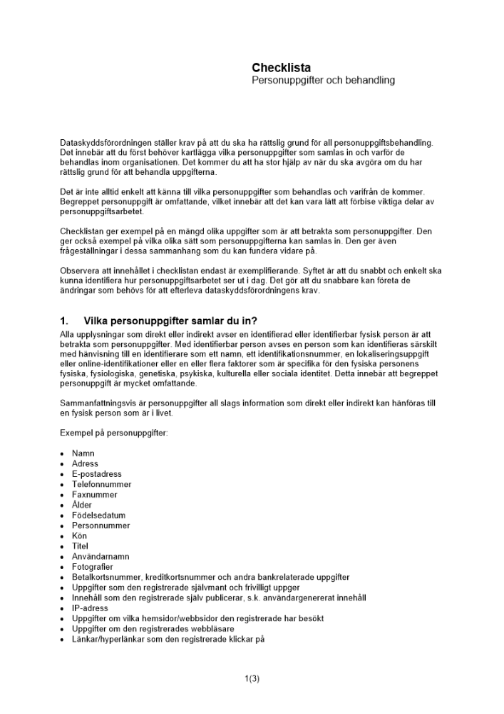 Checklista personuppgifter och behandling