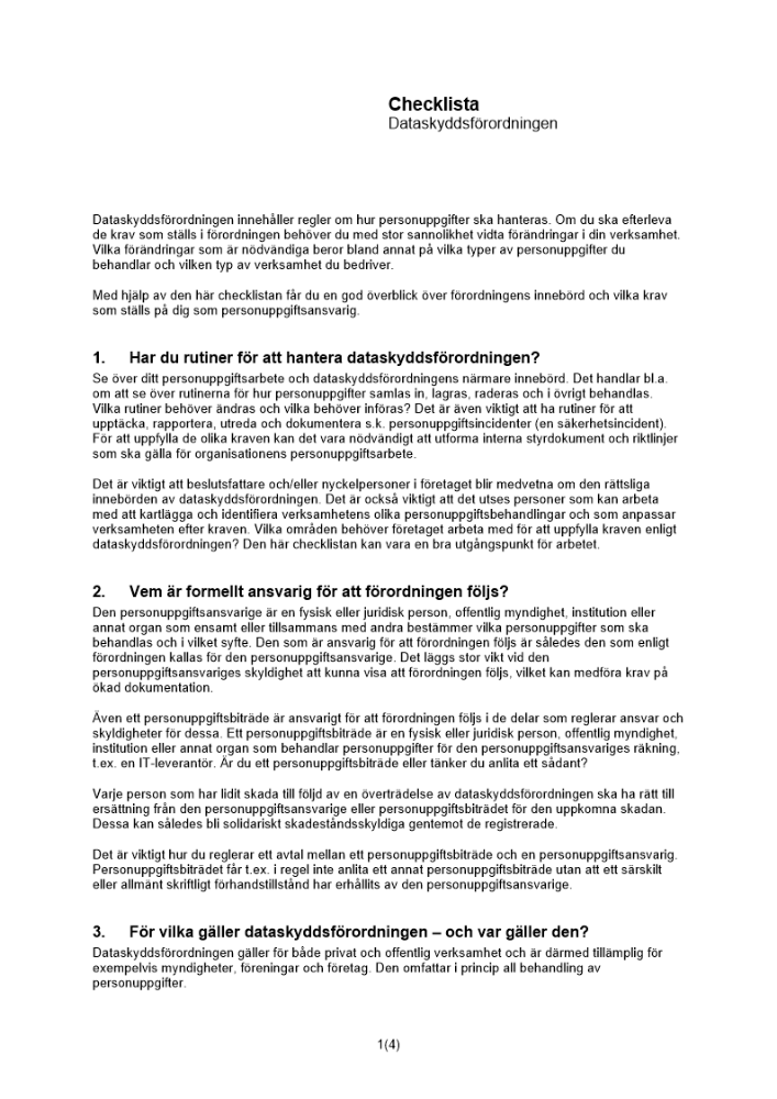 Checklista dataskyddsförordningen