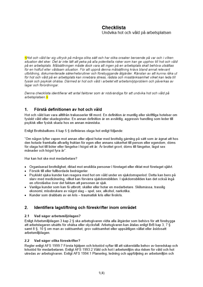 Checklista undvika hot och våld