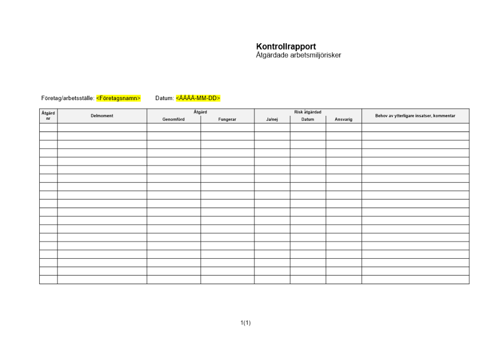Kontrollrapport för åtgärdade arbetsmiljörisker