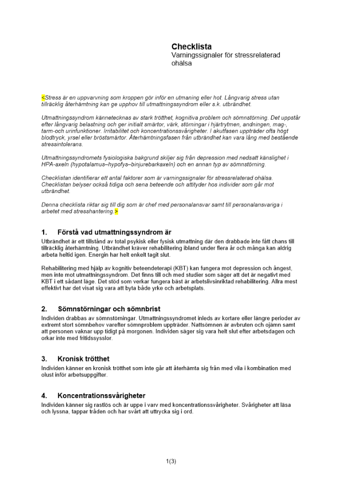 Checklista varningssignaler stressrelaterad ohälsa