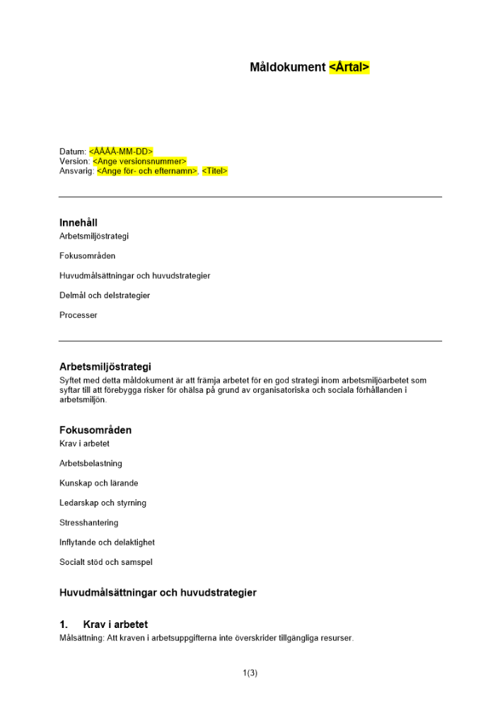 Måldokument arbetsmiljö