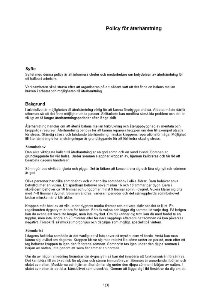 Policy för återhämtning