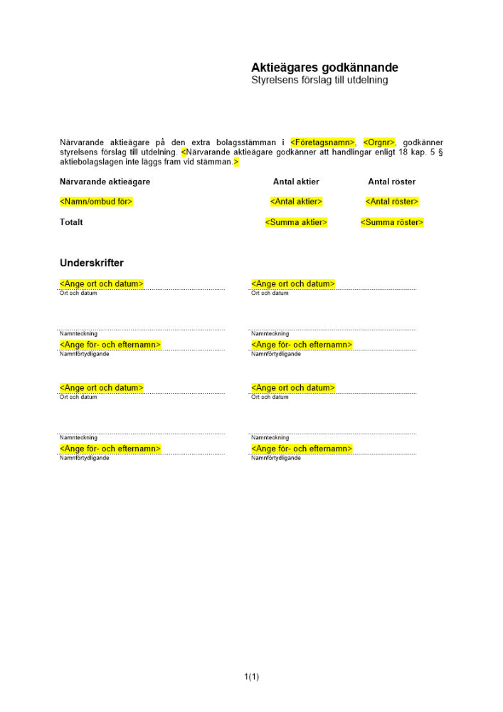 Aktieägares godkännande - styrelsens förslag till vinstutdelning