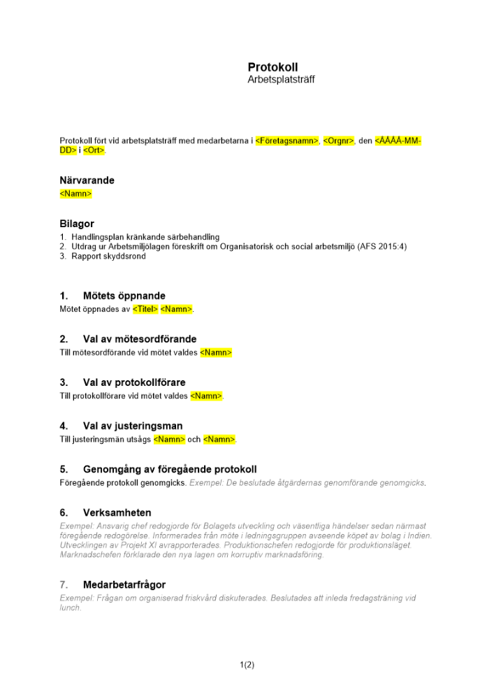 Protokoll arbetsplatsträff