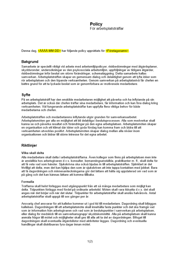 Policy arbetsplatsträffar