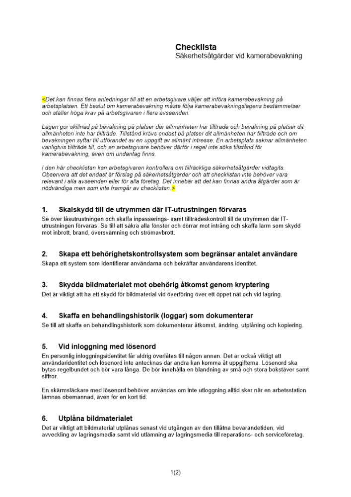 Checklista säkerhetsåtgärder vid kamerabevakning