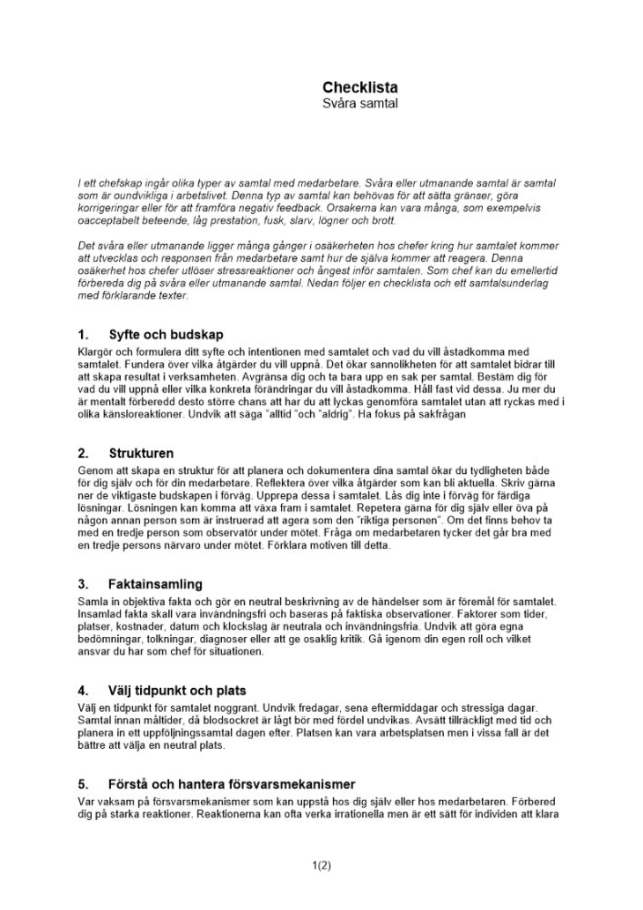 Samtalsunderlag och checklista för svåra samtal