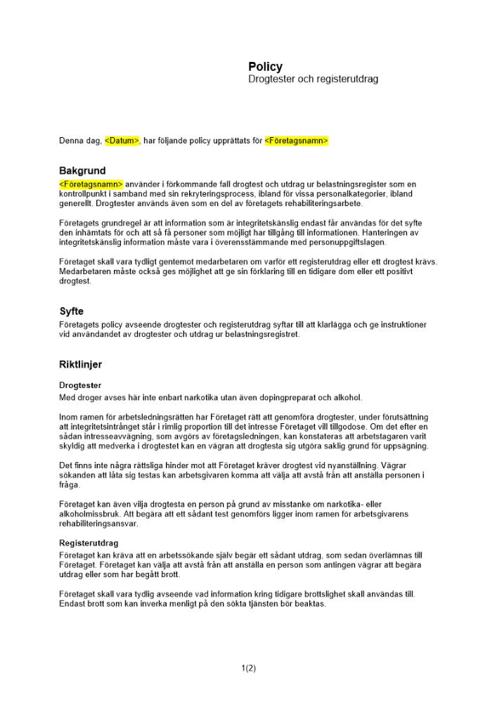 Policy för drogtester och registerutdrag