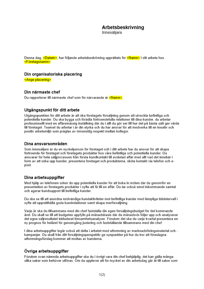 Arbetsbeskrivning innesäljare