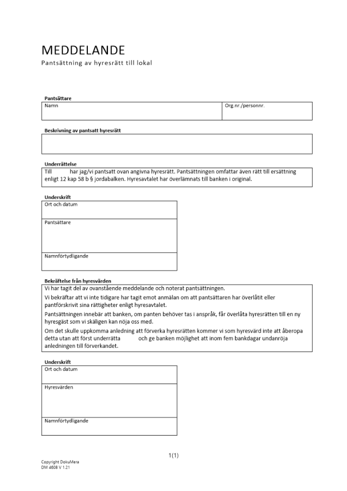 Meddelande om pantsättning av hyresrätt (lokal)
