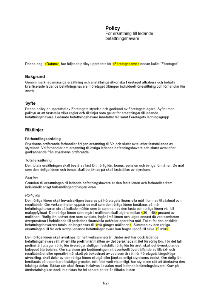 Ersättningspolicy - ledande befattningshavare