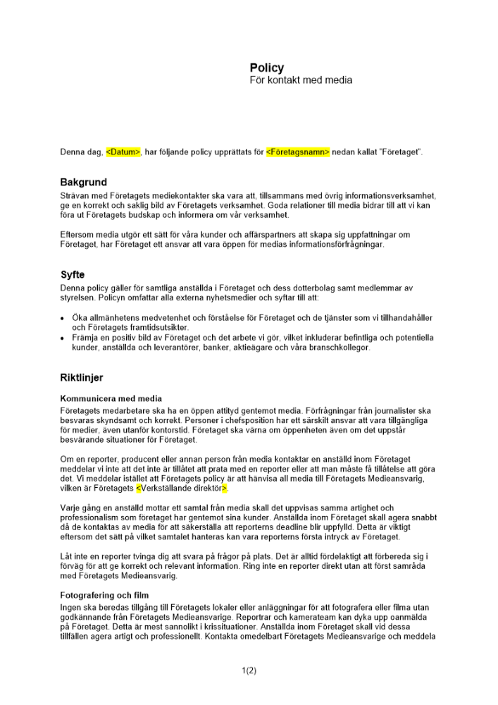 Policy för kontakt med media