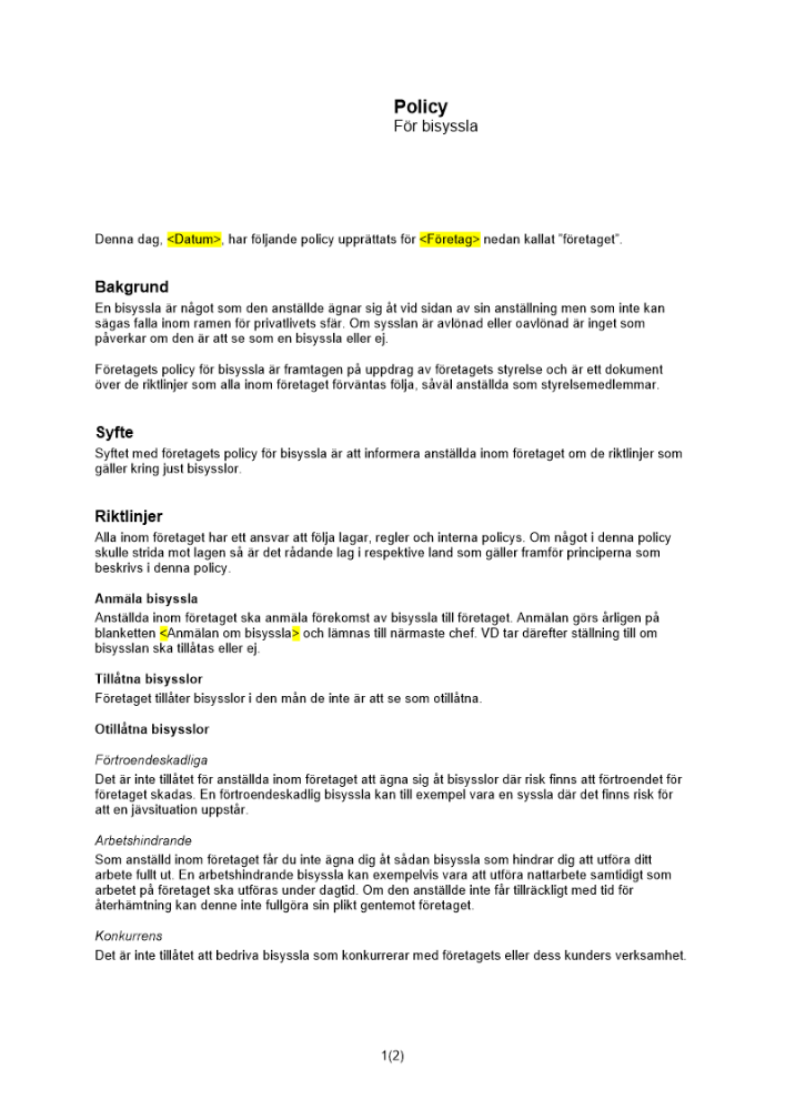 Policy för bisyssla