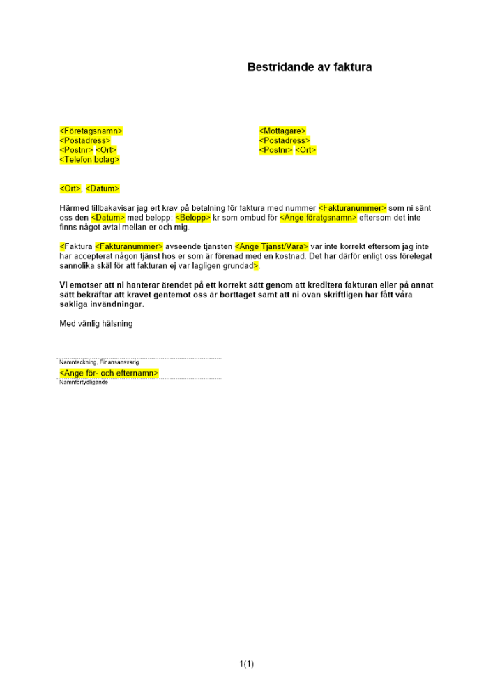 Bestridande av faktura