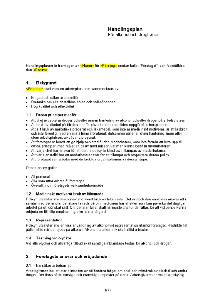 Handlingsplan för alkohol- och drogfrågor