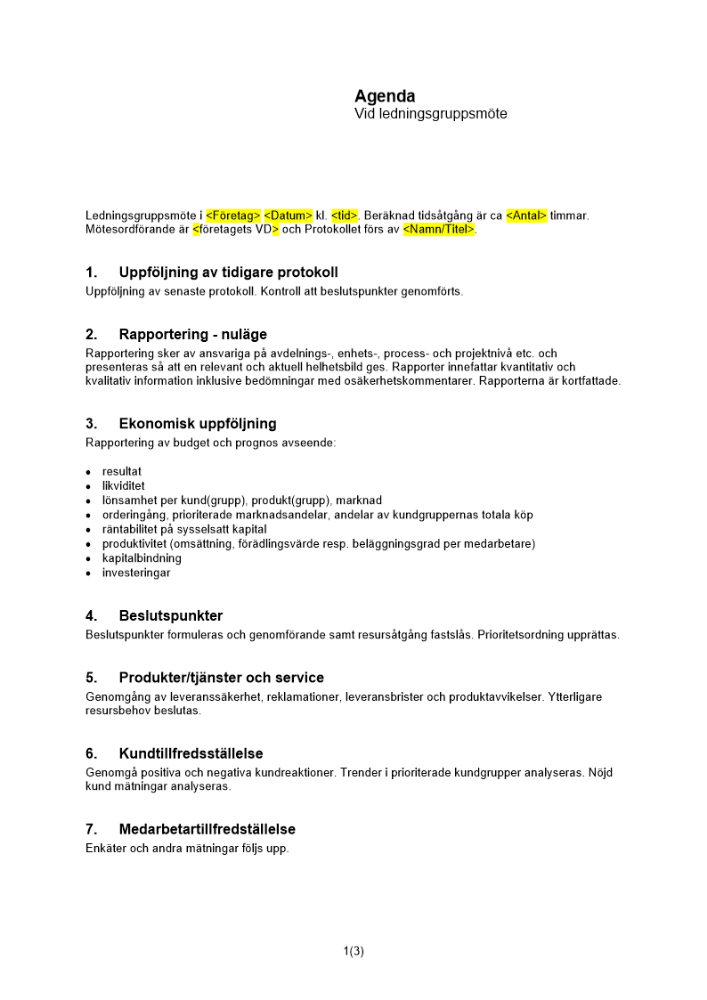 Agenda ledningsgruppsmöte