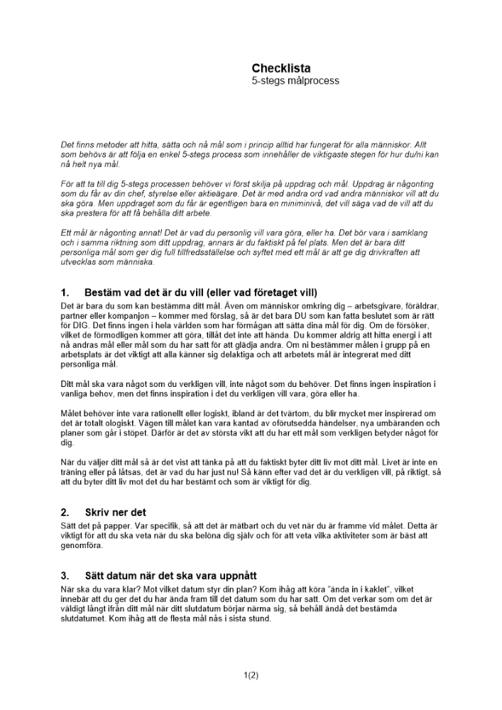 Checklista 5-stegs målprocess