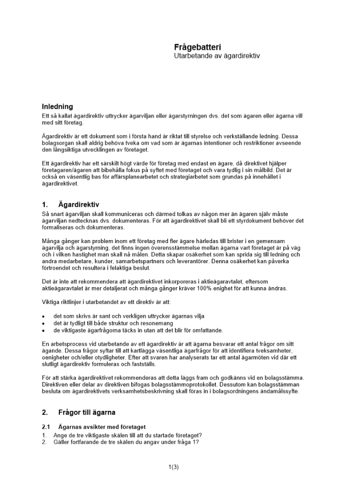 Frågebatteri för utarbetande av ägardirektiv