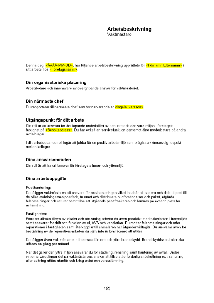 Arbetsbeskrivning vaktmästare