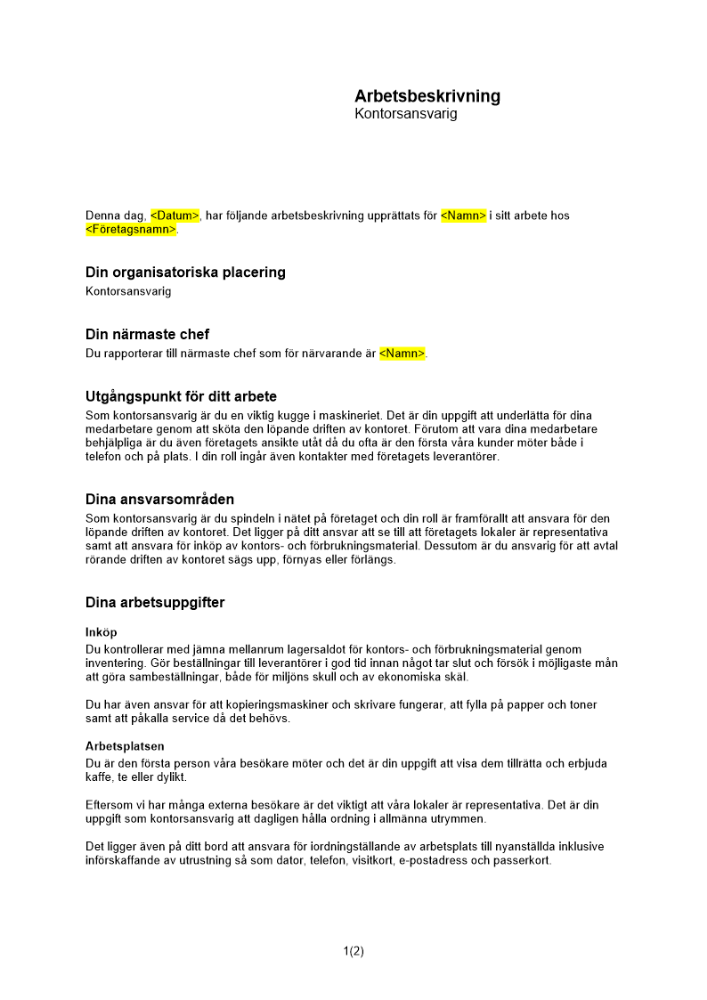 Arbetsbeskrivning kontorsansvarig