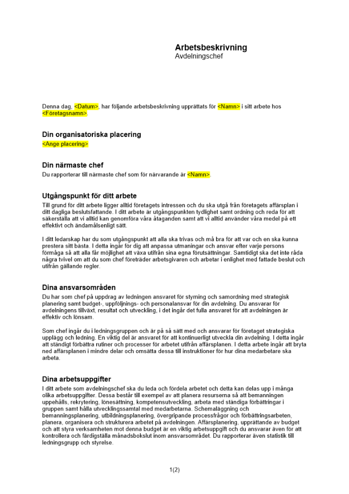 Arbetsbeskrivning avdelningschef