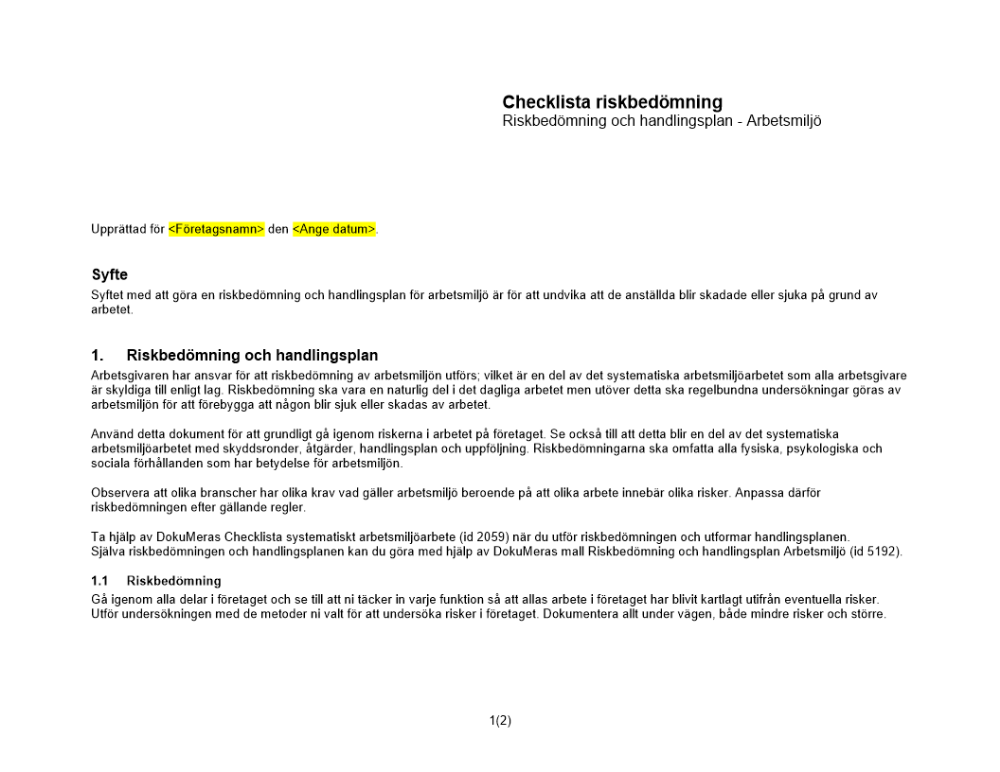 Checklista Riskbedömning och handlingsplan arbetsmiljö