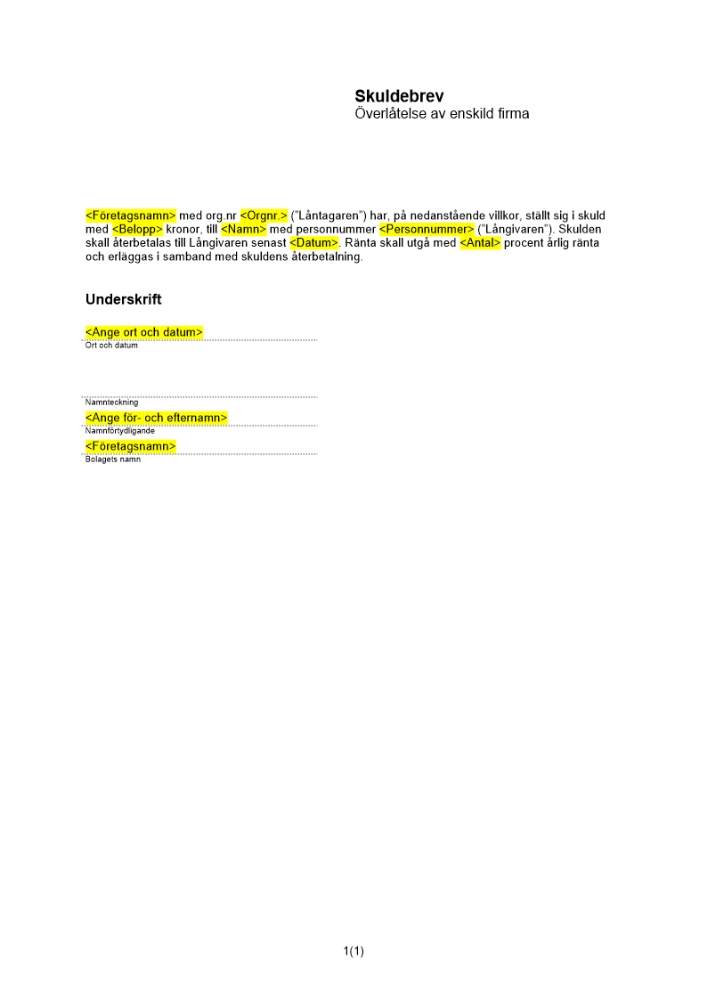 Skuldebrev övertagande av firma