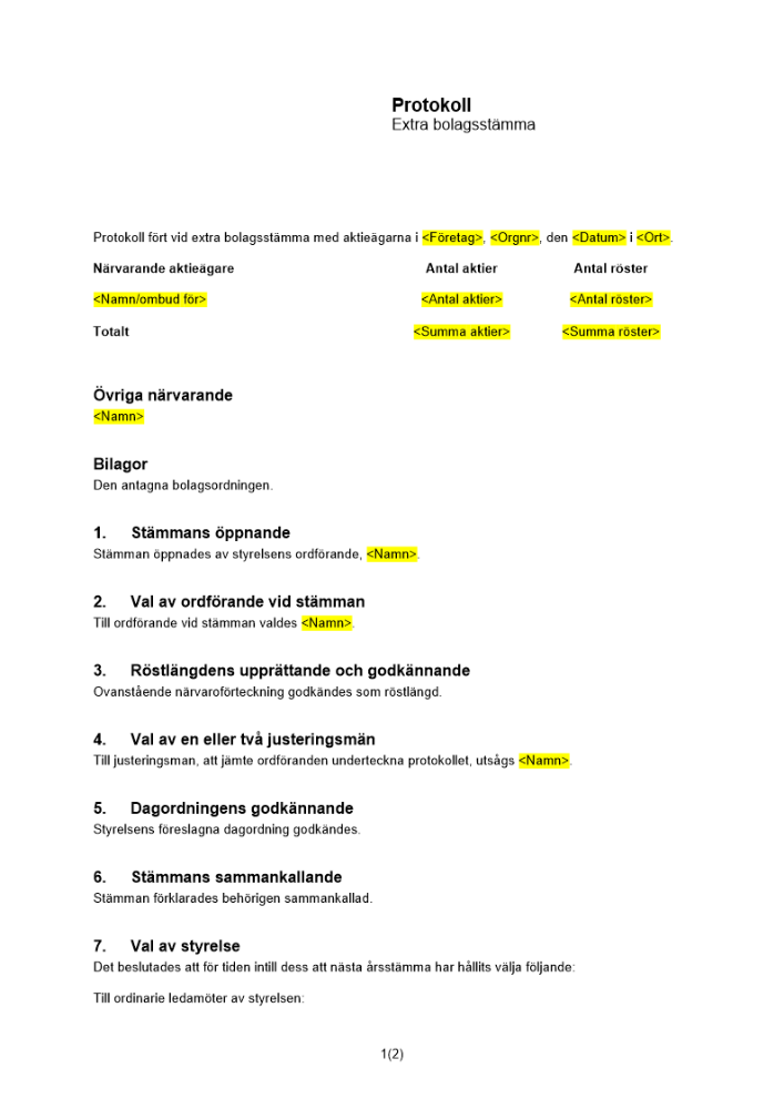 Protokoll från extra bolagsstämma - ändring av styrelse och revisor
