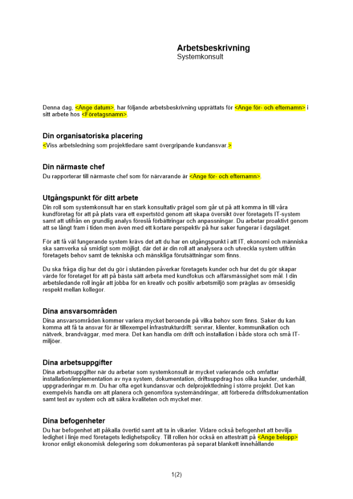 Arbetsbeskrivning systemkonsult