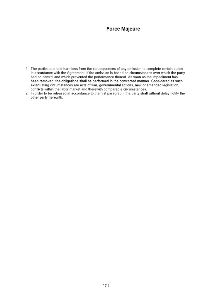 Force Majeure-klausul (kort) Engelsk