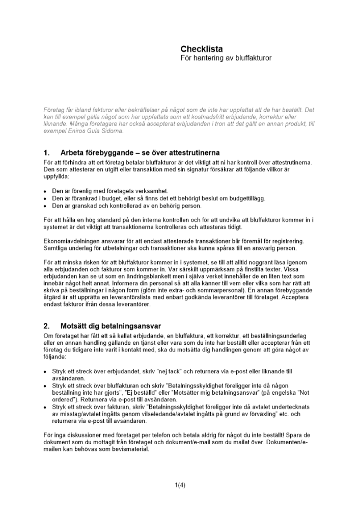 Checklista - hantering av bluffakturor