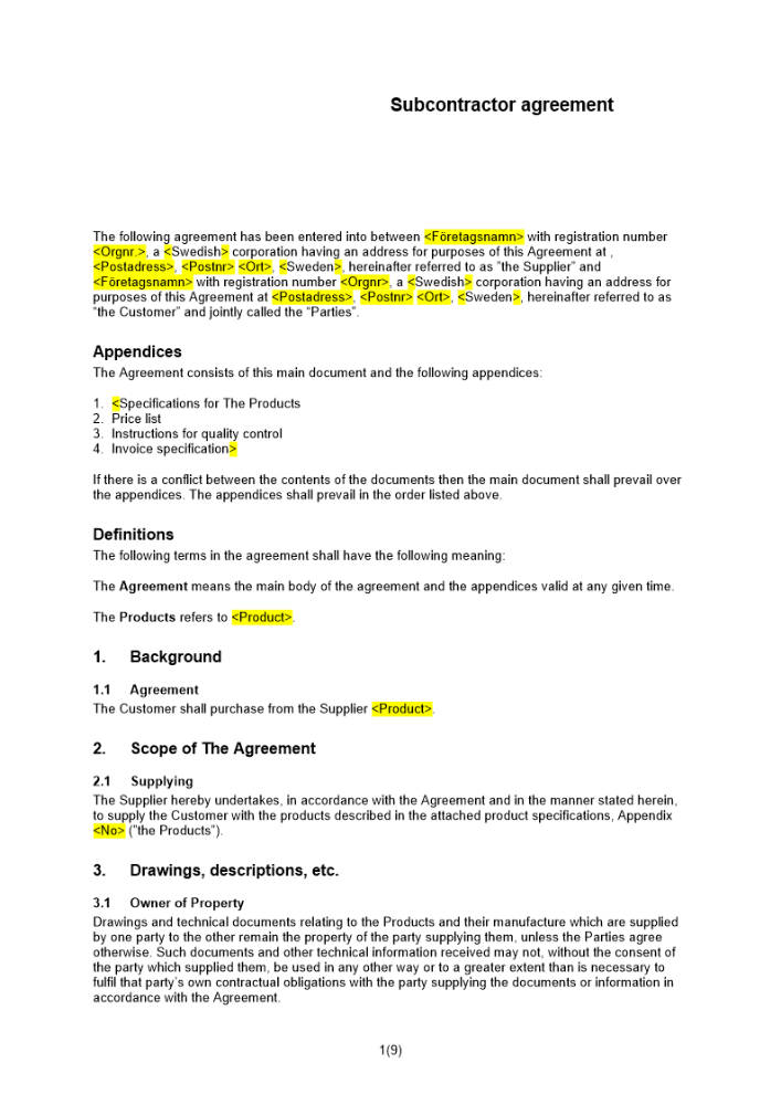 Underleverantörsavtal Engelsk