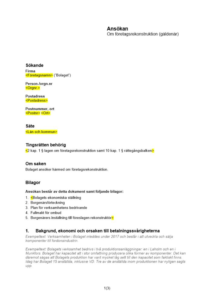 Ansökan om företagsrekonstruktion (gäldenär)