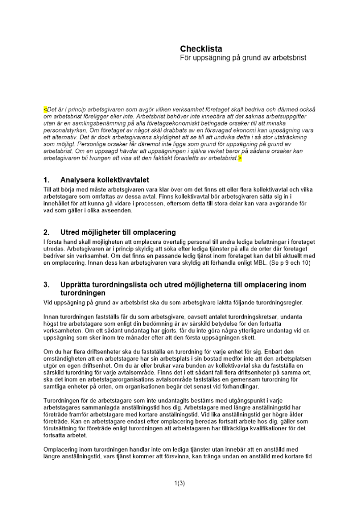 Checklista uppsägning pga arbetsbrist
