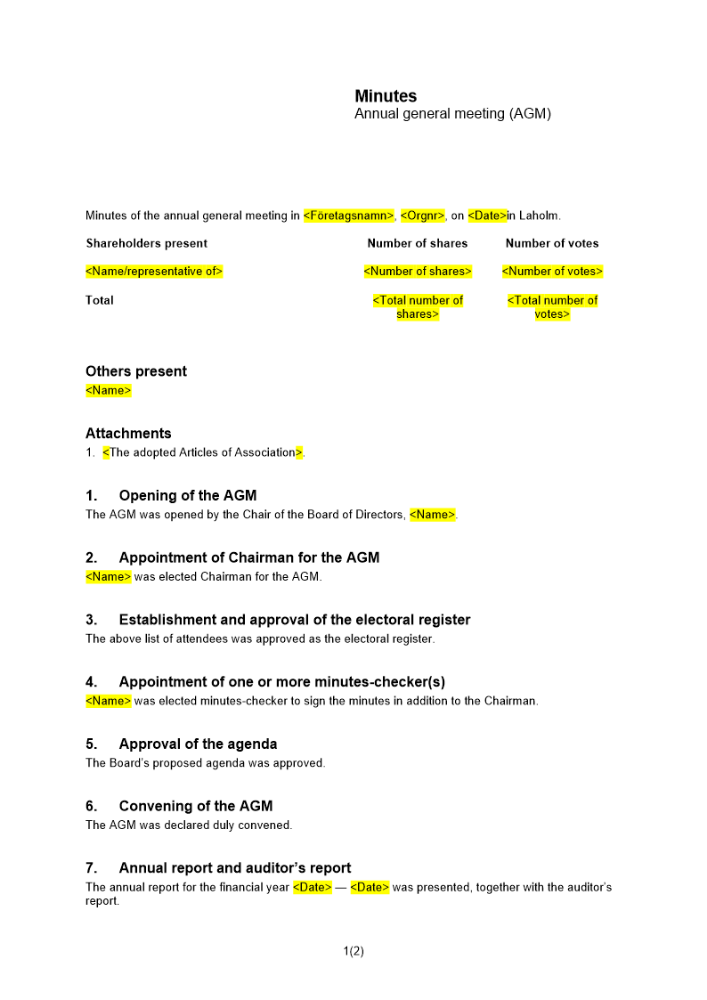 Protokoll årsstämma disponibla vinstmedel Engelsk