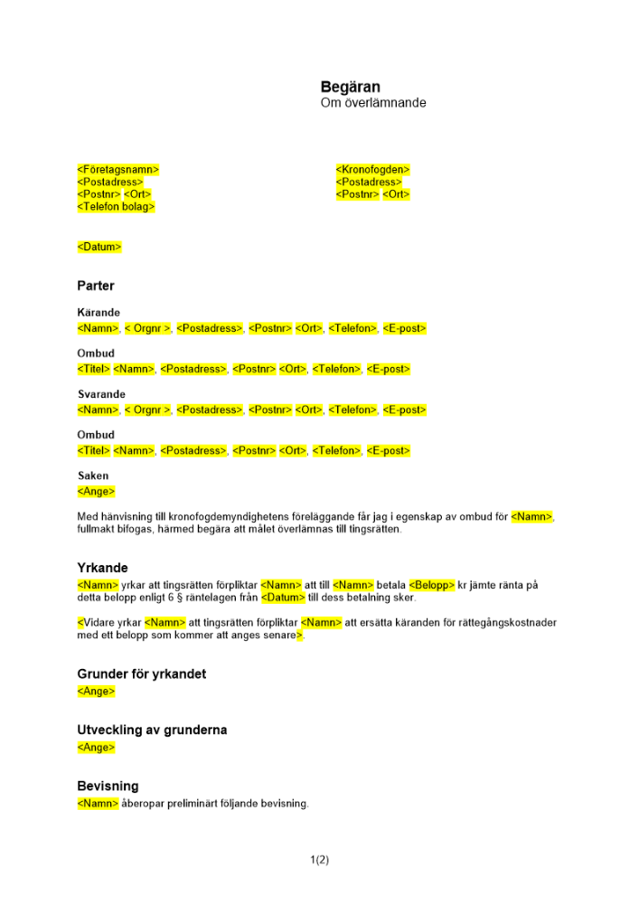 Begäran om överlämnande till tingsrätt