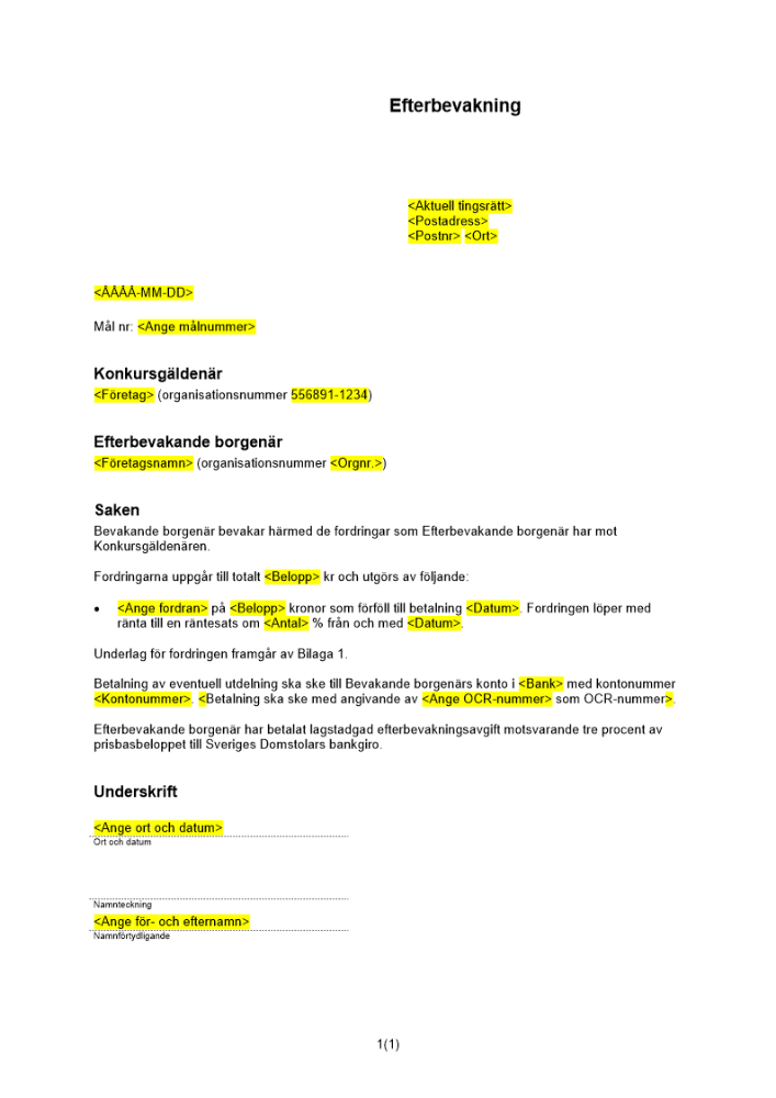 Bevakningsinlaga i konkurs Efterbevakning