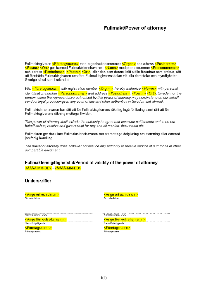 Fullmakt domstols- och myndighetsärenden - Bred kombinerad Svensk och Engelsk