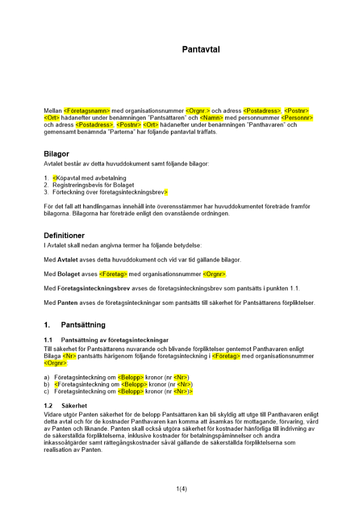 Pantavtal Detaljerat - Företagsinteckning