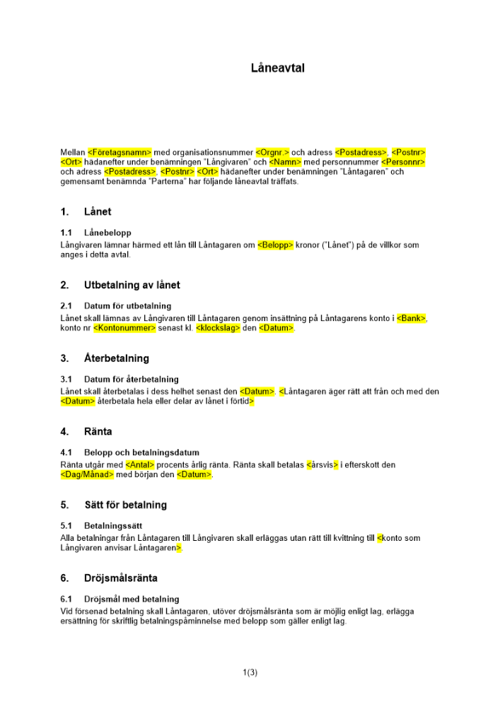 Låneavtal - Fast ränta _med säkerhet_