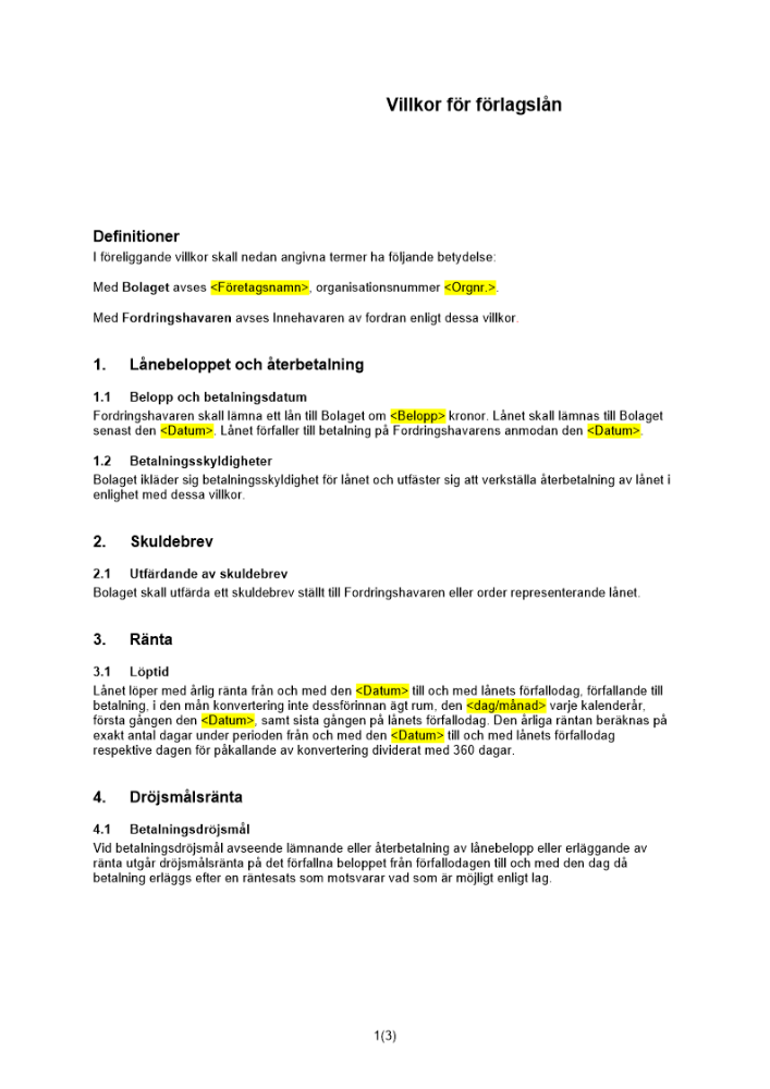 Villkor för förlagslån (Löpande)