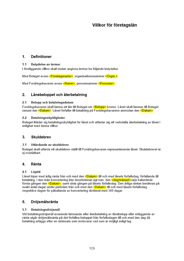 Villkor för förlagslån (Enkelt)