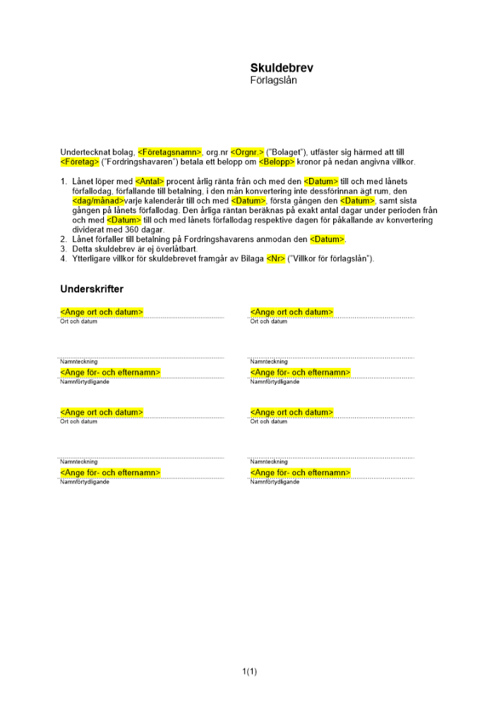 Enkelt skuldebrev för förlagslån