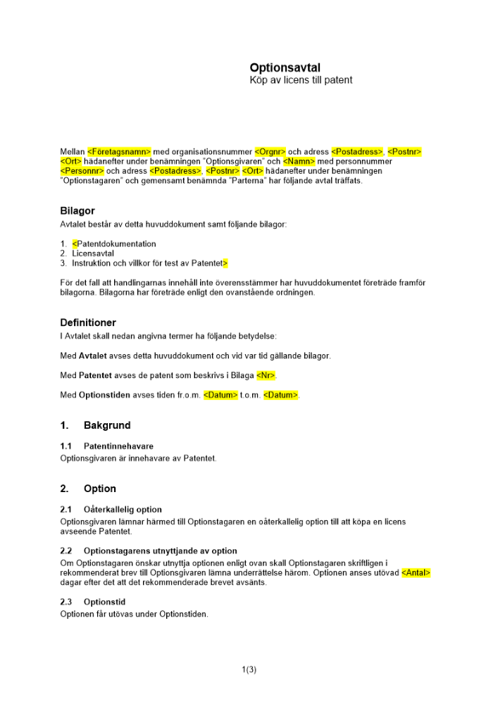 Option till licens av patent