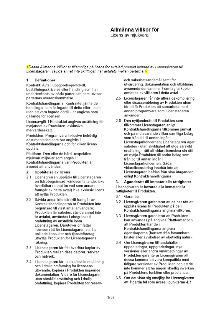 Allmänna villkor för licens av mjukvara