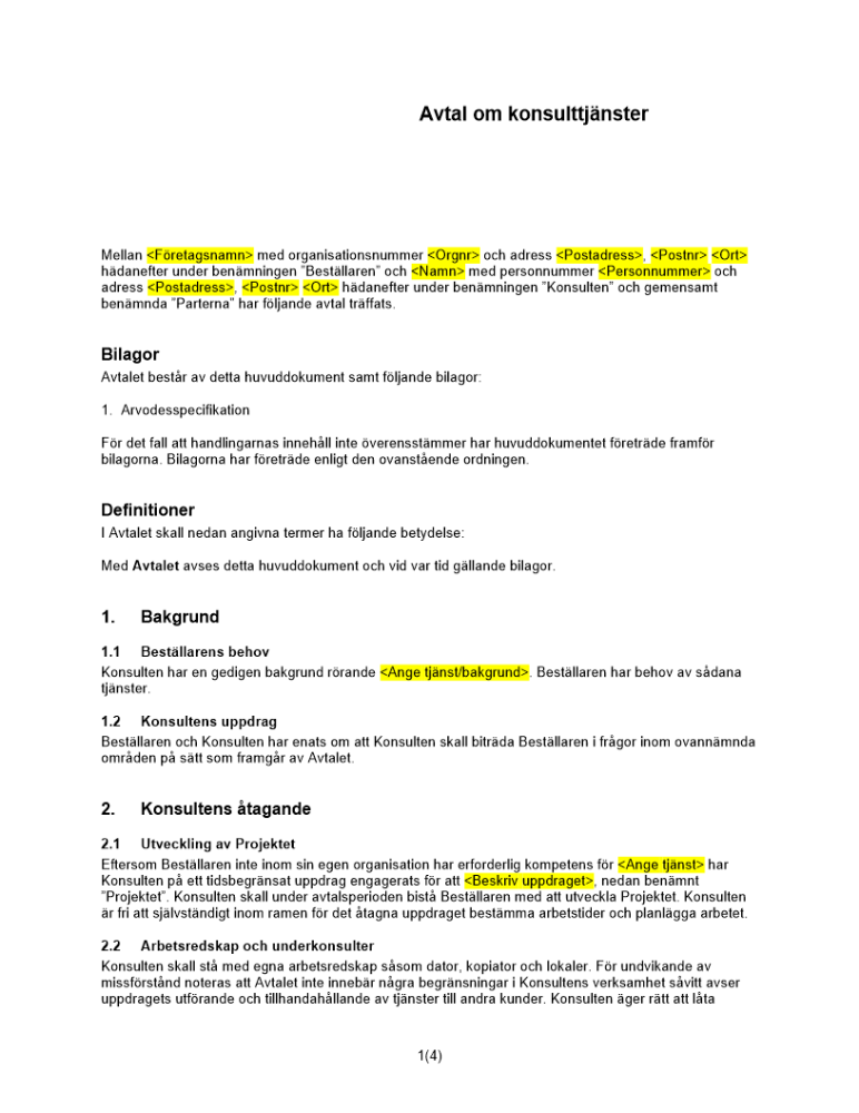 Avtal om konsulttjänster (Visst projekt med arvode efter utfall)