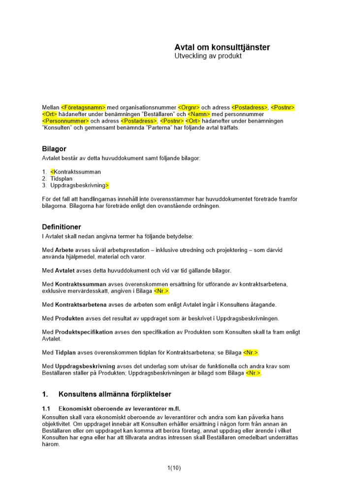 Avtal om konsulttjänster (Utveckling av produkt)