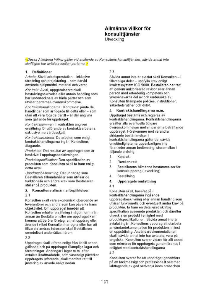 Allmänna villkor för konsulttjänster (Utveckling)
